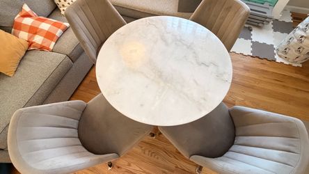 36” Solid Natural Marble Round Dining Table & 4 Velvet Chairs