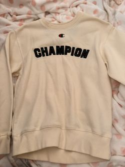 cream white champion crewneck with plad logo and interior