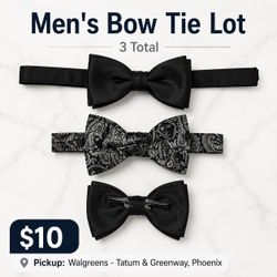 Men’s Bow Tie Lot – 3 Total, Black & Patterned Styles