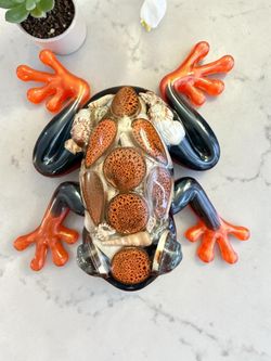 Handmade Seashell Mosaic Jumbo Sized Resin Frog Figurine Home Decor Gift Idea