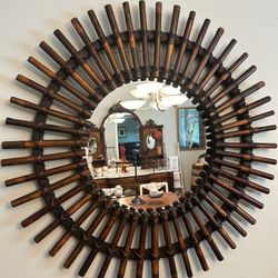 Vintage 1970’S MCM Burnt Bamboo Starburst Wall Mirror 