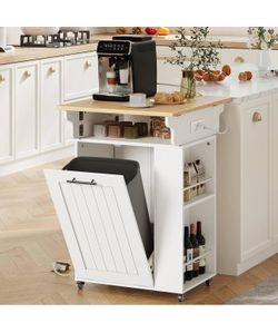 Kitchen Island with Trash Can Storage, Rolling Kitchen Island with Drop Leaf Countertop, Island Table with Power Outlet & Spice Rack, for 10 Gallon Ga