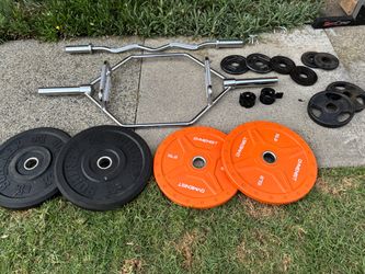 Trap deadlift bar, curl 22 lb bar with Olympic weights 2x25, 2x15, 2x10, 2x5 and 4x2.5 lbs collar locks included TAKE ALL FOR $220
