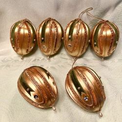 6 Victorian Gold Spun Silk, Egg Shaped Ornaments 