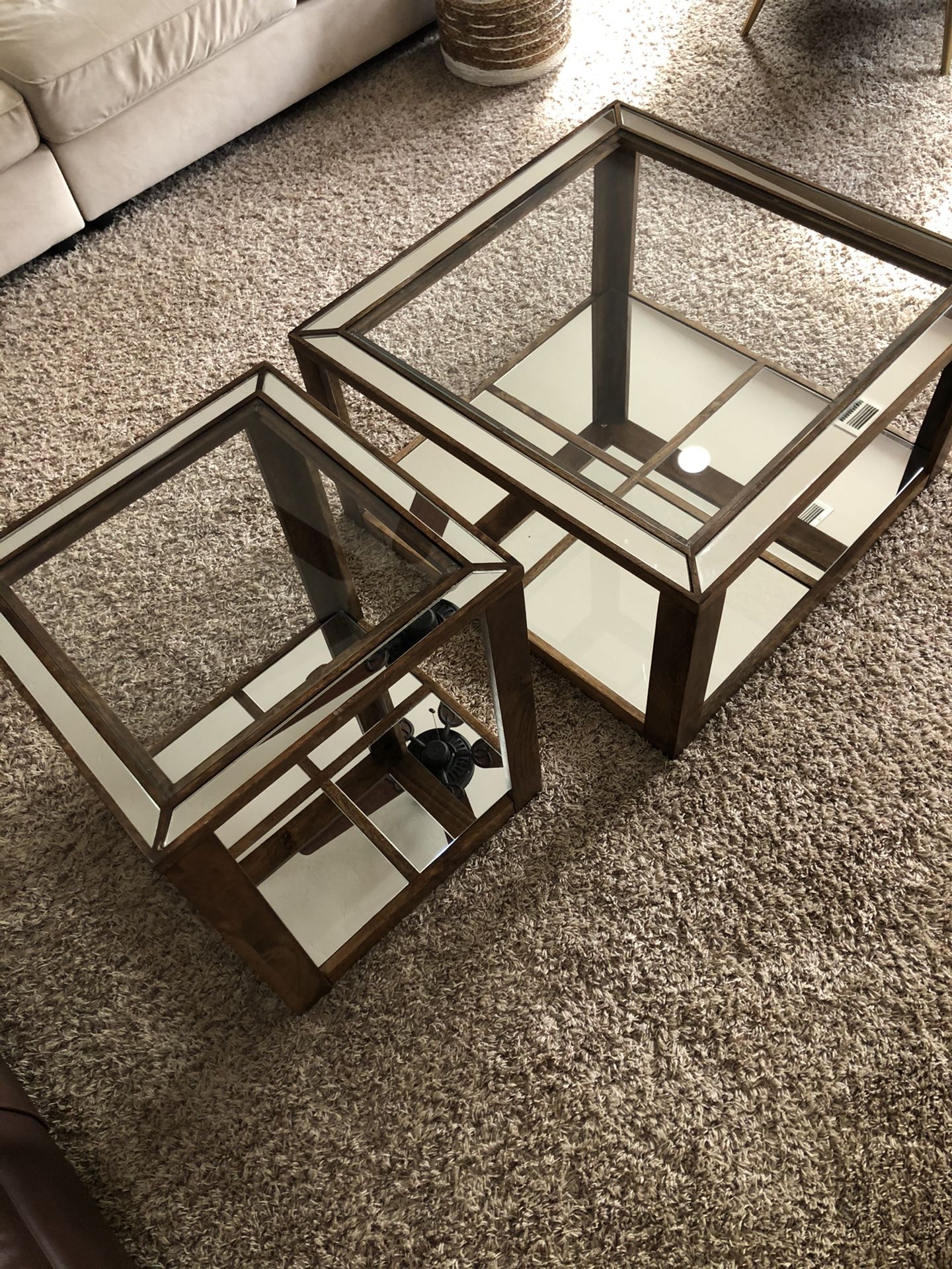 Mirrored wood side table and coffee table