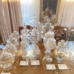 Clear Glass Apothecary Jars w/lid, different shapes, sizes, prices (in the pictures)