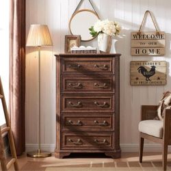 Farmhouse 5 Drawers Dresser Chests for Bedroom, Wood Rustic Tall Chest of Drawers, Organizer