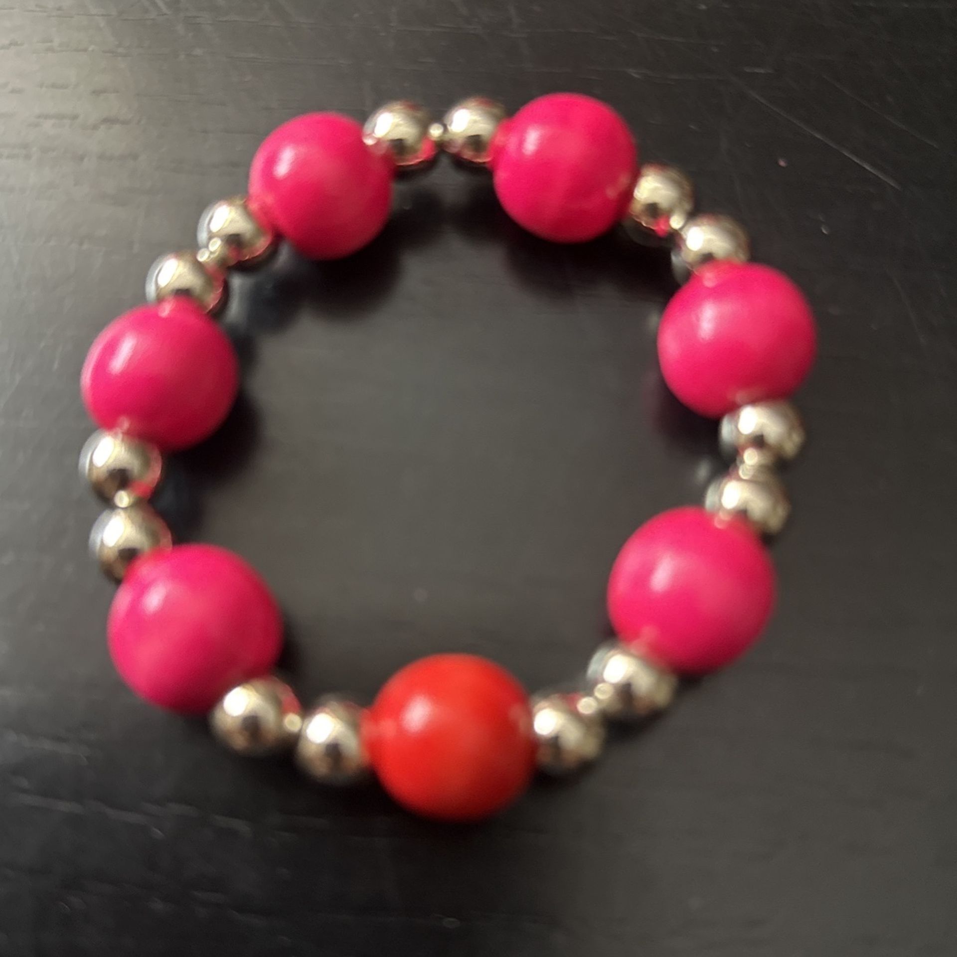 Pink Wood Beads With Small Silver Beads Bracelet