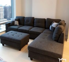 Brand New Charcoal Grey Linen Sectional With Storage Ottoman & 2 Decorative Pillows