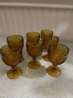 Vintage Retro Indiana Glass Set of 7 Amber 4” Goblets