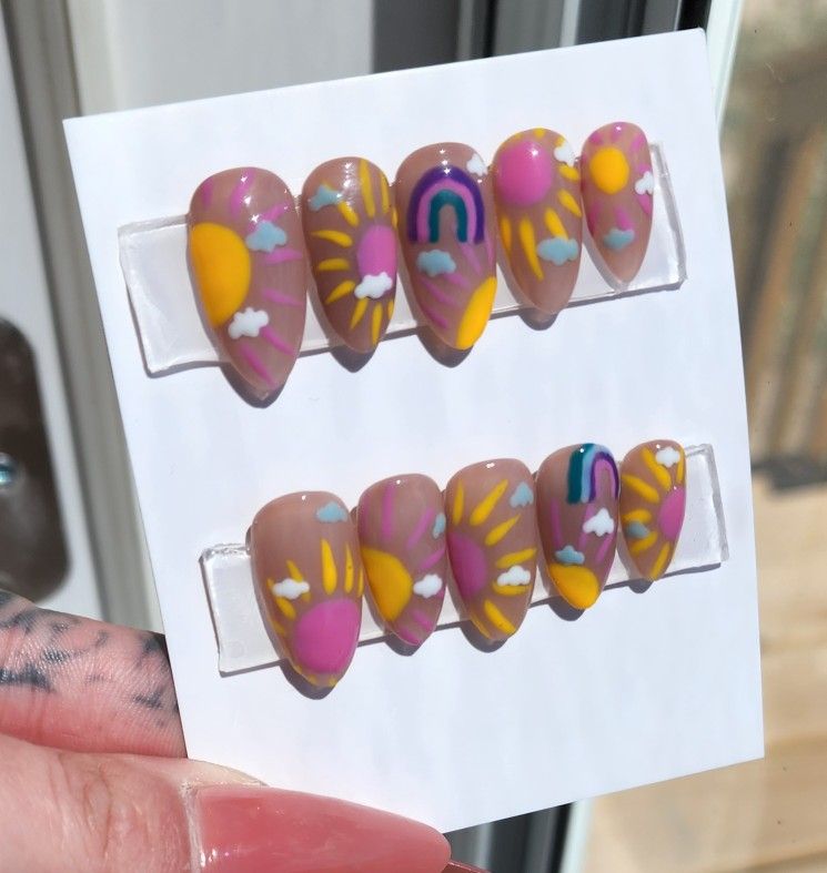 Almond Sun-rainbow-clouds Press On Nails