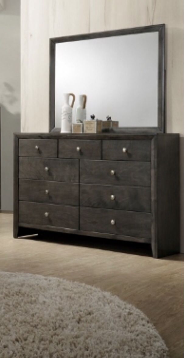 GREY RUSTIC FINISH 9 DRAWER DRESSER WITH MIRROR NEW IN BOX (55”X17”X38”H)