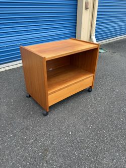 Mid Century Modern Teak Rolling Media Cart