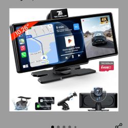 10.26'' Wireless Carplay Screen for Car with 4K Dash Cam & 1080P Backup Camera, Portable Car Audio Receivers with Carplay & Android Auto, GPS Navigati