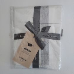 West Elm Standard Sham Washed Organic Cotton Heather Gray Bold Stripe NEW