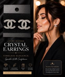 Crystal Double C Inspired Stud Earrings Silver Tone Fashion Jewelry