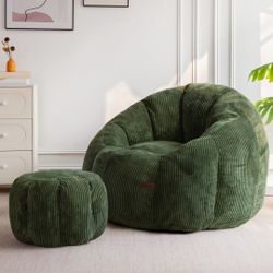 Giant Bean Bag Chair with Ottoman, Pumpkin-Shaped Bean Bag Sofa with Footstool, Oversized Boneless Couch Chair in a Box, Comfy and Lazy Lounge for Dor