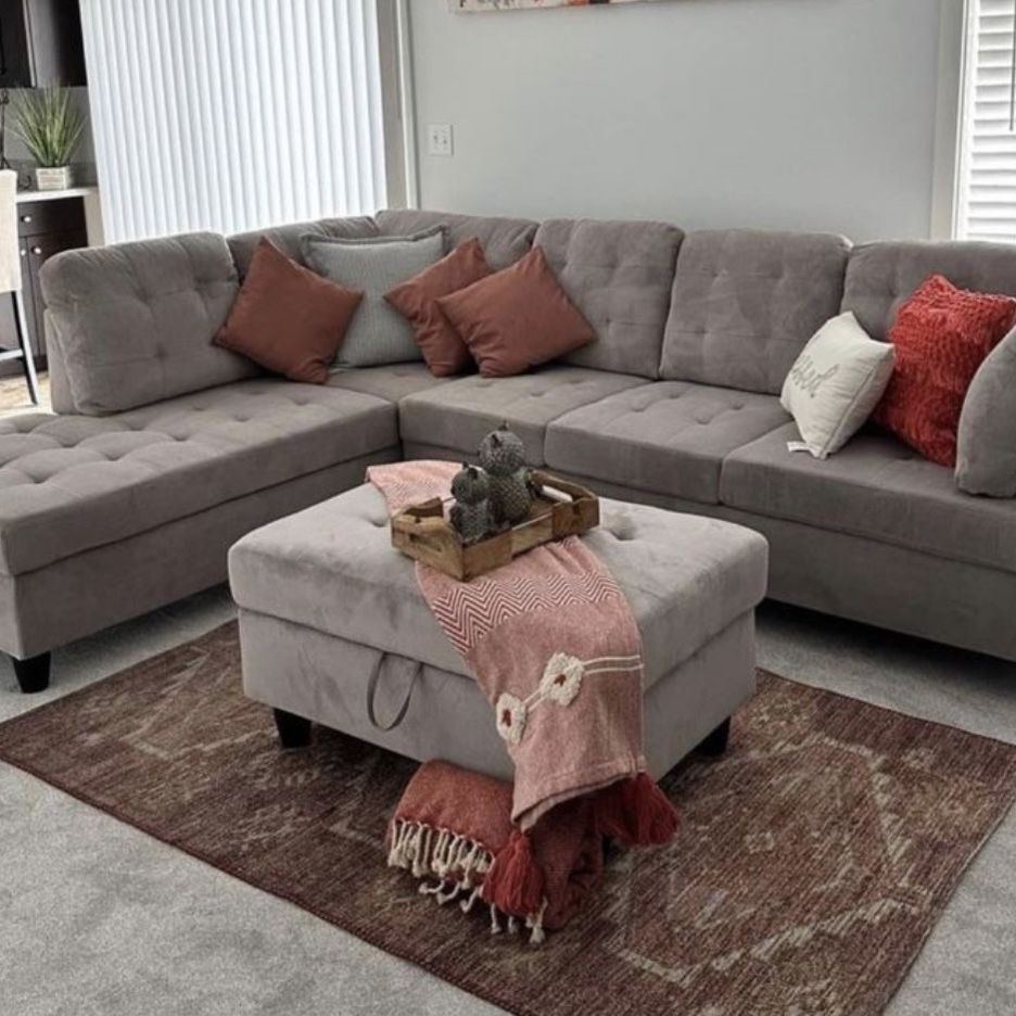 COSTCO Gray Chenille Sectional Couch And Ottoman