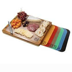 Classic Bamboo Premium Wood Cutting Board Serving Tray w/ 7 Color-Coded Mats