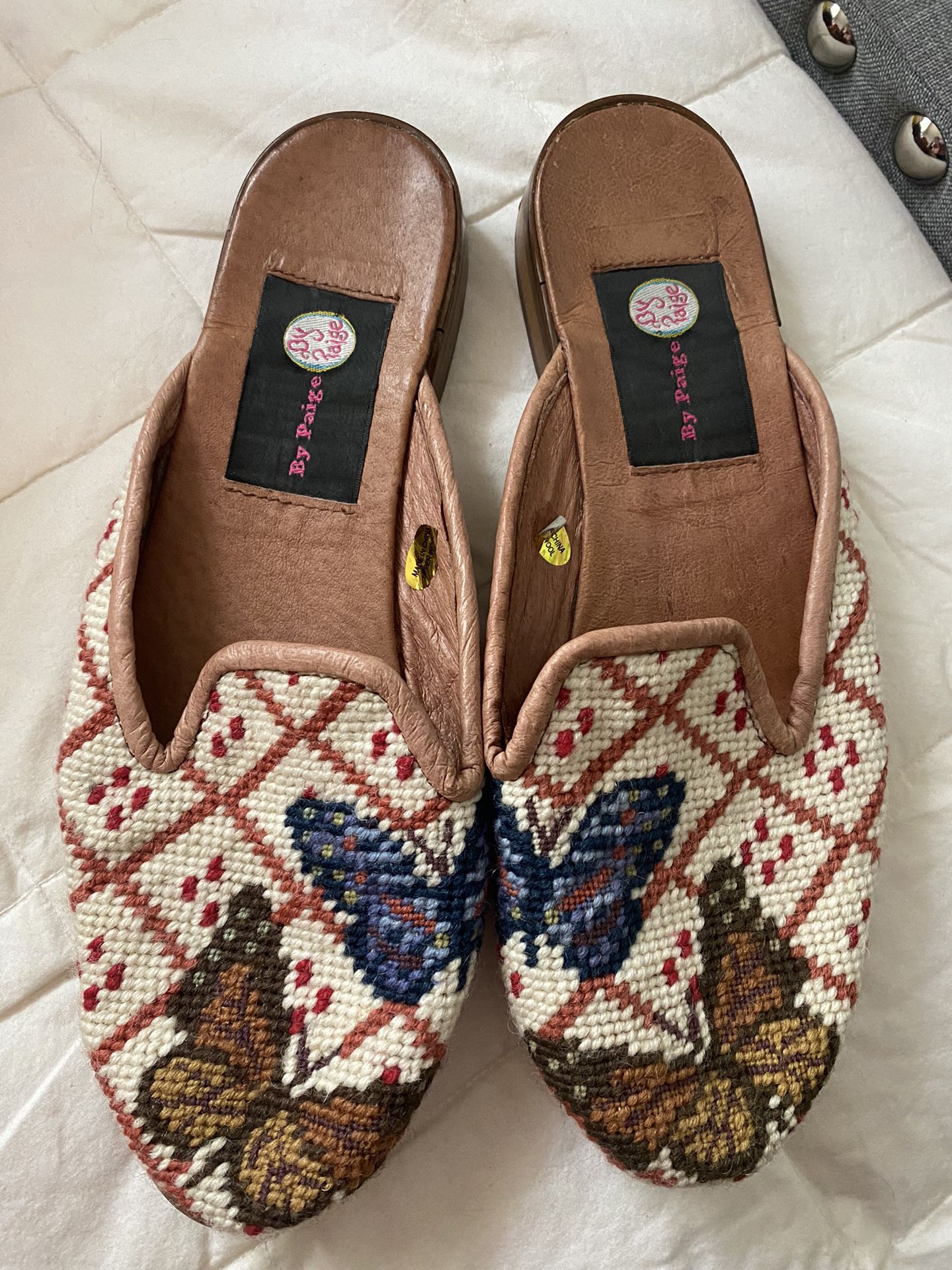 By Paige Slip On Leather Inside And Trim With Cross Stitch