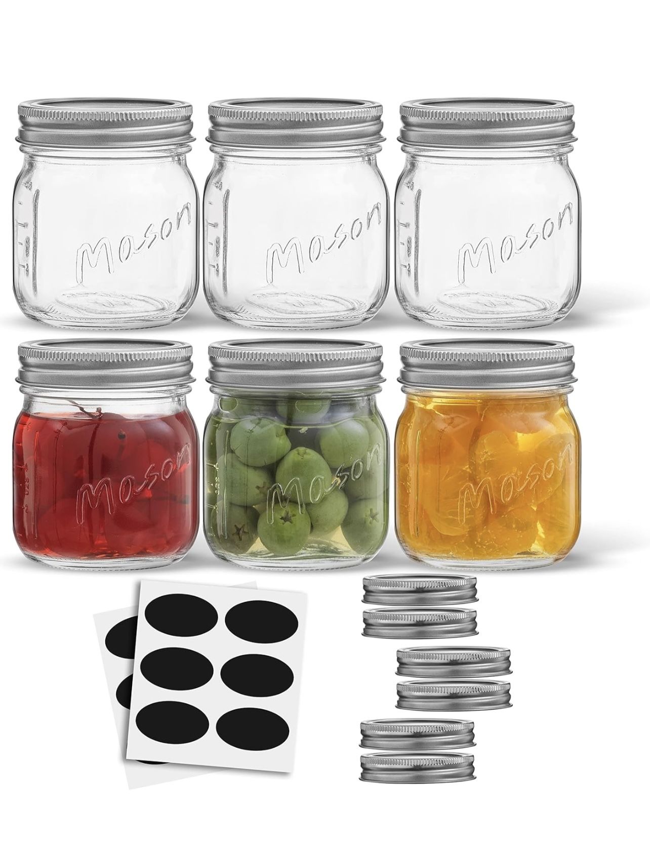 New  8 Oz Mason Jars With Lids, Labels and Measures! 6-Pack Regular Mouth Mason Jars, Glass Jar with Lid and Band. Airtight Canning Jars, Overnight Oa