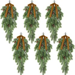 6 Pack Christmas Teardrop Swags with Velvet Bows 24 Inch Rustic Artificial Pine Greenery Teardrop Wreath for Holiday Front Door Stair Mantle Fireplace