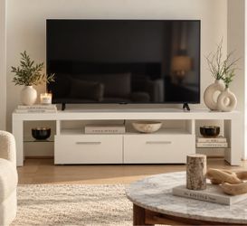 White TV Stand with Drawers and Open Shelves