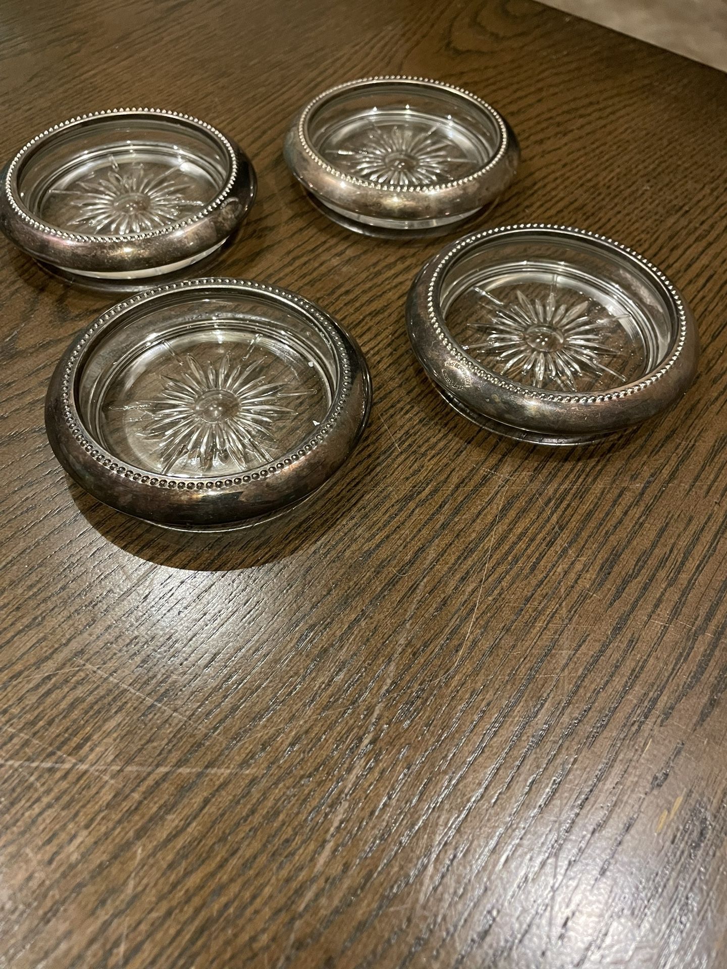 Vintage Italy Sunburst Coasters W&S Blackinton Silver Plate Cut Glass Set Of 4