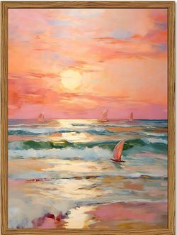 Gorgeous Framed Pastel Beach Sunset with Sail Boats Wall Art. 16x24 inch