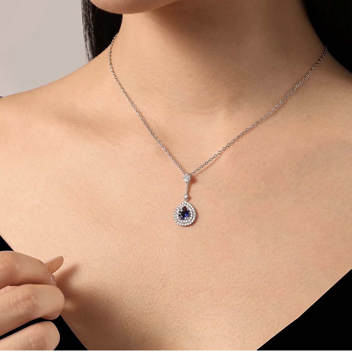 HONIVY Blue Sapphire September Birthstone Teardrop Necklace White Gold Plated
