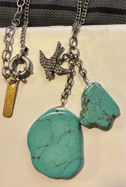 Silver-Tone Bird and Turquoise-Style Stone Charm Necklace