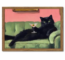 Framed Black Cat Martini Wall Art Print