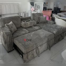 Smoke Color  Jumbo Corduroy  Sectional Sleeper Sofa With Storage Chaise And Pull Out Bed With Cup Holder 