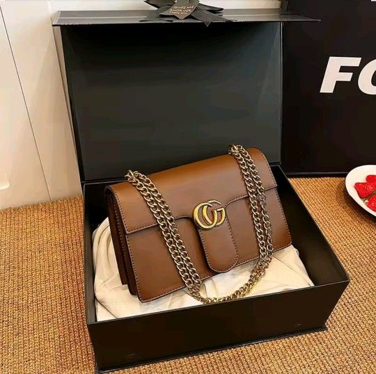 Brown Designer-Style Chain Shoulder Bag – New