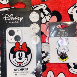 2 SET/🔴🐭🖤🌼✨DISNEY MINNIE MOUSE 🐭 GRAPHIC PHONE📱GRIP &🔴🐭🪩✨MINNIE METAL COLORFUL LAPEL PIN