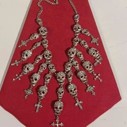 Gothic Punk Rhinestone Skull & Crosses Necklace