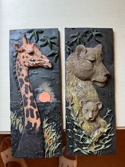 Handcrafted Giraffe and Lioness Wall Plaque Set - Earth Tones