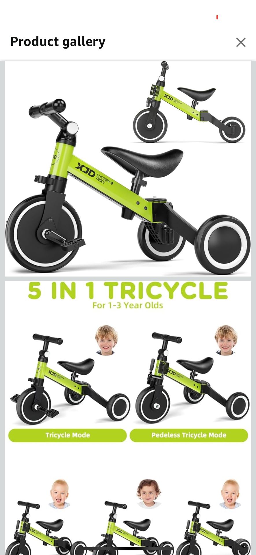 XJD 5 in 1 Toddler Bike, Tricycle for Toddlers 1-3 with Adjustable Seat Height