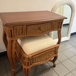 White Wicker, Oval Mirror And Small Rattan Desk And Stool Set Chair