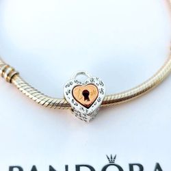 Genuine PANDORA Two-Tone Rose Gold Padlock Splitable Heart Charm W/Pouch