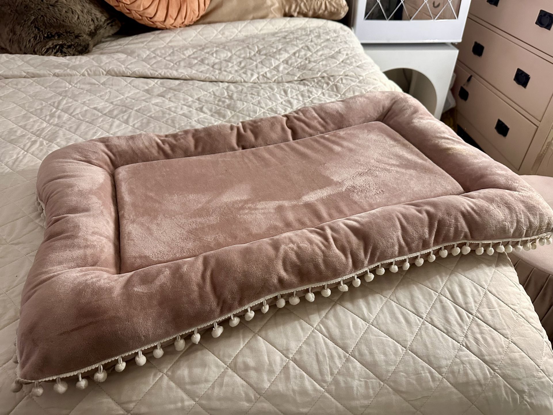 Plush Velvet Pet Bed Mat With Pom Pom Trim In Pink Blush