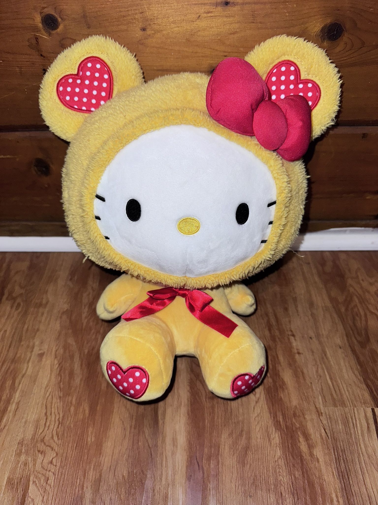 Round 1 Sanrio Hello Kitty Yellow Teddy Bear Suit Costume Hearts Print 13” Plush