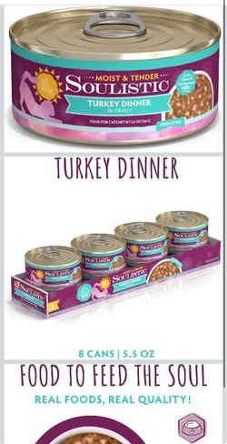 NEW Soulistic Moist and Tender, Turkey Dinner in Gravy, 5.5oz Can, Pack of 8