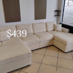 Gorgeous ‼️U Shaped Sectional Sofa Ivory Corduroy Fabric Material 