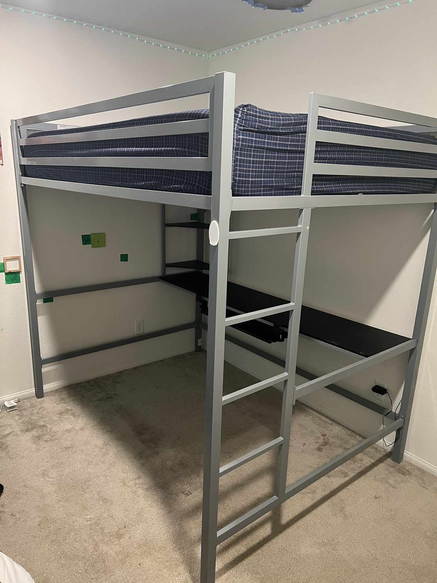 Used Metal Full Loft Bed with Desk & Shelves, Gray
