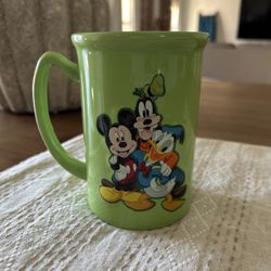 DISNEY All Star Cast Mickey Goofy & Donald Mug Embossed Green Cup 5” Tall