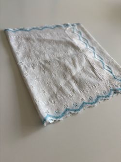 Vintage Eyelet Table Runner with Blue Scalloped Trim (50” x 15”)