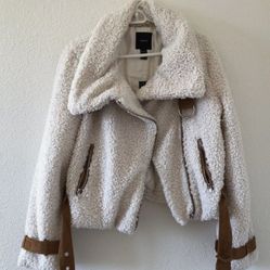FOREVER 21 Sherpa Teddy Moto Style Jacket Cream Tan Women Size medium NWT