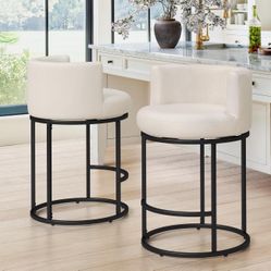 LUE BONA 26.8" Counter Height Bar Stools Set of 2, 180° Swivel Bar Stools with Back, Modern Barrel Counter Stools with Metal Legs and Footrest, Fabric