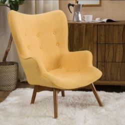 Yellow Mid-Century Modern fabric contour Wingback Chair   